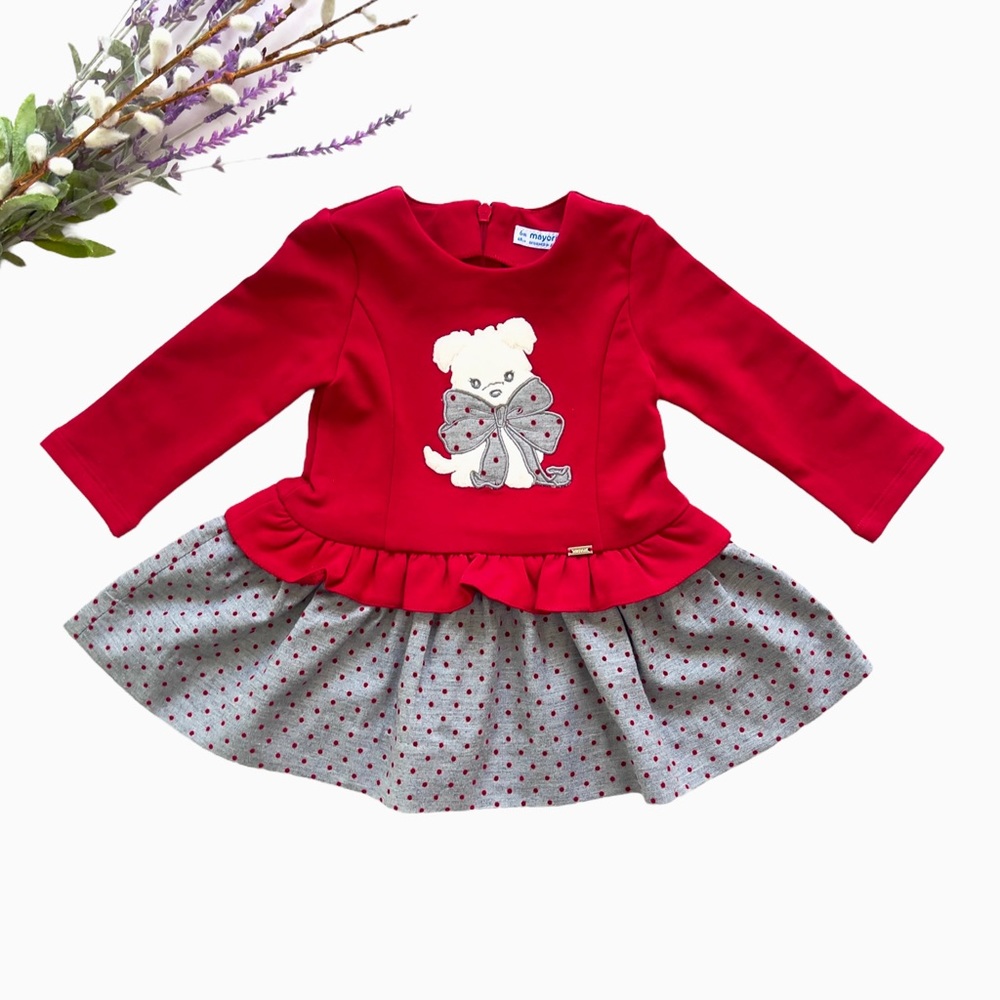 Mayoral: Red and heather gray polka dot dress, with dog Appliqué.